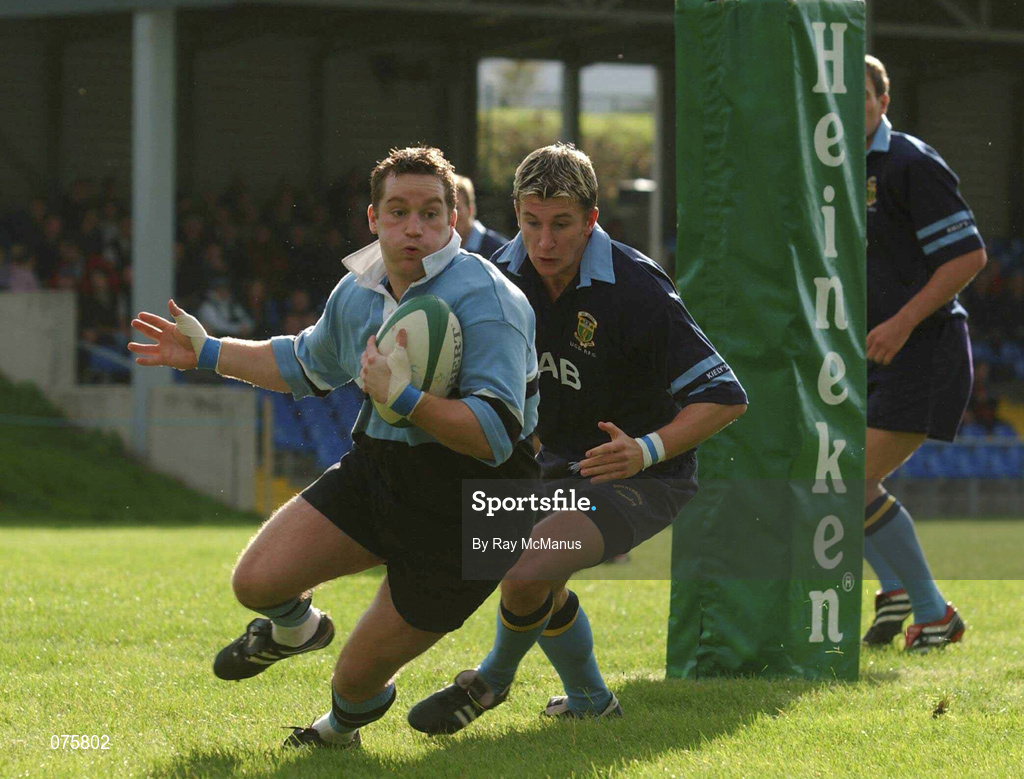 27 October 2001; Byran Shelbourne of Galwegians in action against Brian O'Riordan of UCD during the AIB League Division 1 match between UCD and Galwegians at Belfield Bowl in Dublin. Photo by Ray McManus/Sportsfile