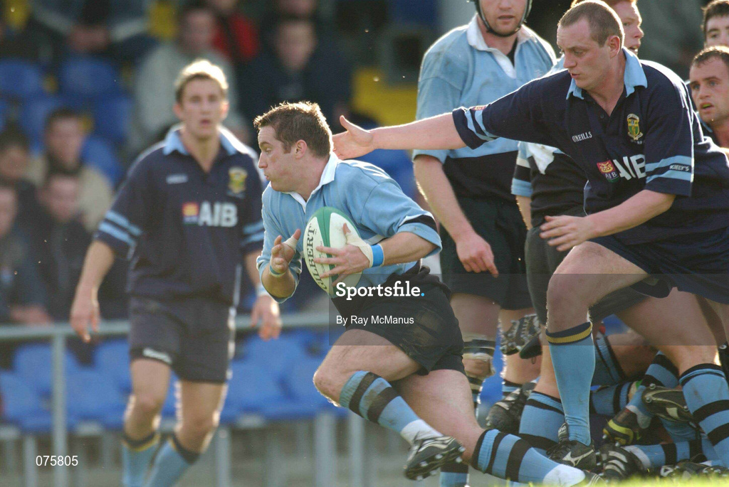 27 October 2001; Bryan Shelbourne of Galwegians goes past Colm Keane of UCD during the AIB League Division 1 match between UCD and Galwegians at Belfield Bowl in Dublin. Photo by Ray McManus/Sportsfile