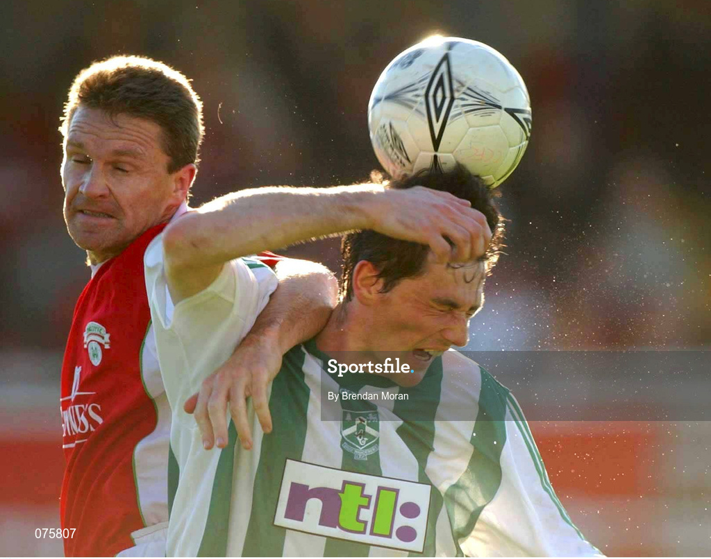 28 October 2001; Declan Daly of Cork City in action against Colm Tresson of Bray Wanderers during the eircom League Premier Division match between Cork City and Bray Wanderers at Turners Cross in Cork. Photo by Brendan Moran/Sportsfile