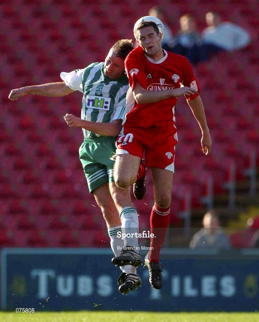 28 October 2001; Noel Hartigan of Cork City in action against Mick Doohan of Bray Wanderers during the eircom League Premier Division match between Cork City and Bray Wanderers at Turners Cross in Cork. Photo by Brendan Moran/Sportsfile