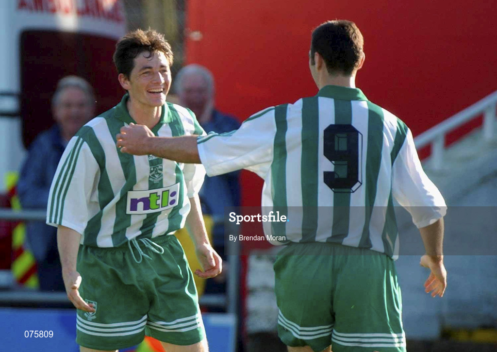28 October 2001; Colm Tresson of Bray Wanderers, left,  celebrates with team-mate Stephen Fox after scoring his side's first goal during the eircom League Premier Division match between Cork City and Bray Wanderers at Turners Cross in Cork. Photo by Brendan Moran/Sportsfile