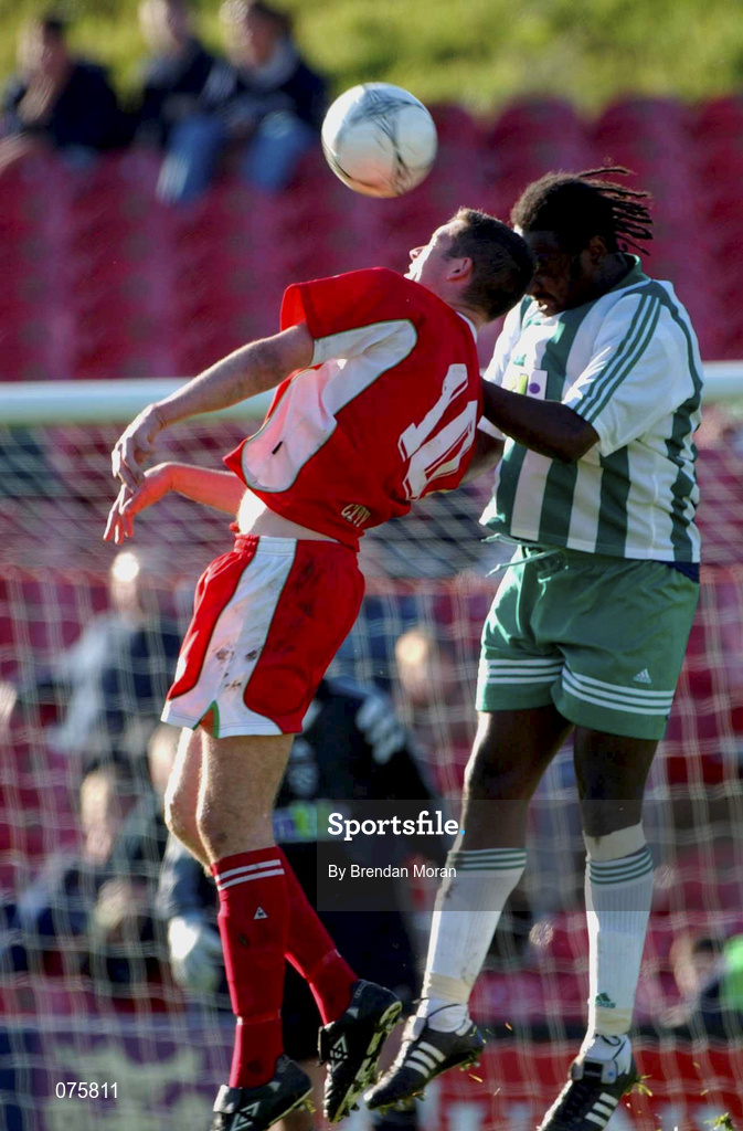 28 October 2001; Noel Hartigan of Cork City in action against Wesley Charles of Bray Wanderers during the eircom League Premier Division match between Cork City and Bray Wanderers at Turners Cross in Cork. Photo by Brendan Moran/Sportsfile