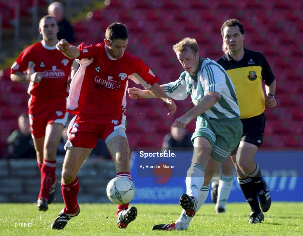 28 October 2001; Paul Keegan of Bray Wanderers in action against Alan Bennett of Cork City during the eircom League Premier Division match between Cork City and Bray Wanderers at Turners Cross in Cork. Photo by Brendan Moran/Sportsfile