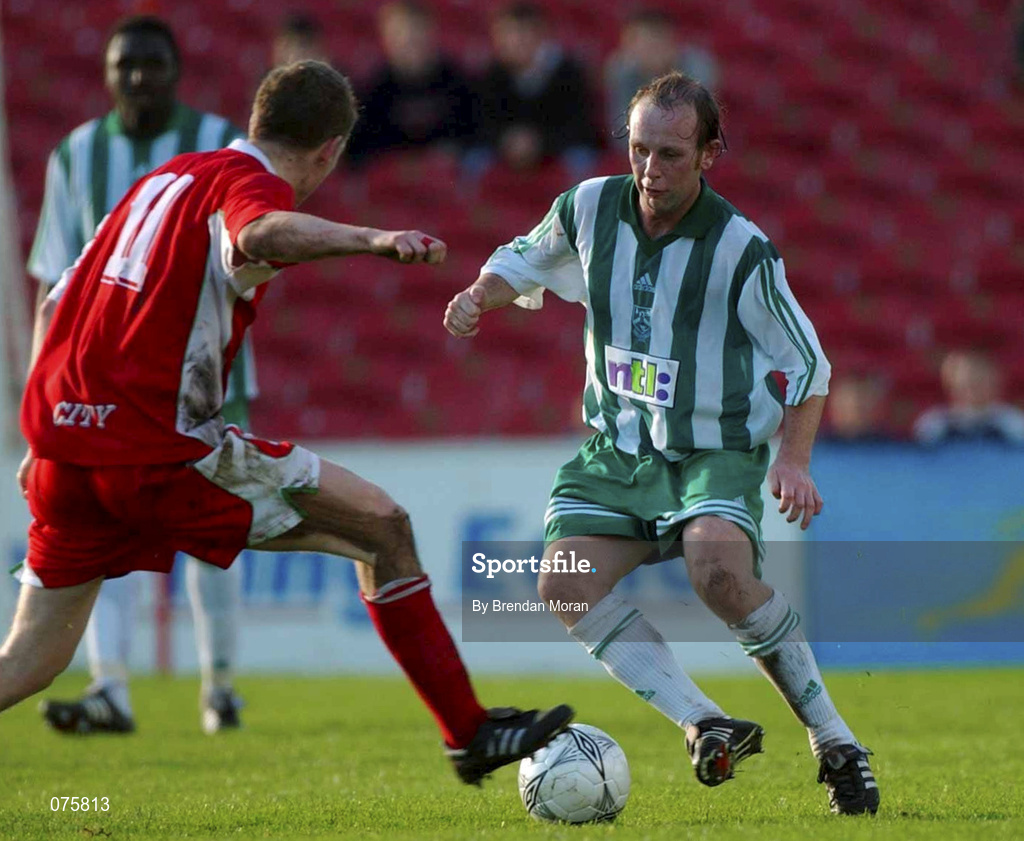 28 October 2001; Thomas Morgan of Bray Wanderers in action against Conor O'Grady of Cork City during the eircom League Premier Division match between Cork City and Bray Wanderers at Turners Cross in Cork. Photo by Brendan Moran/Sportsfile