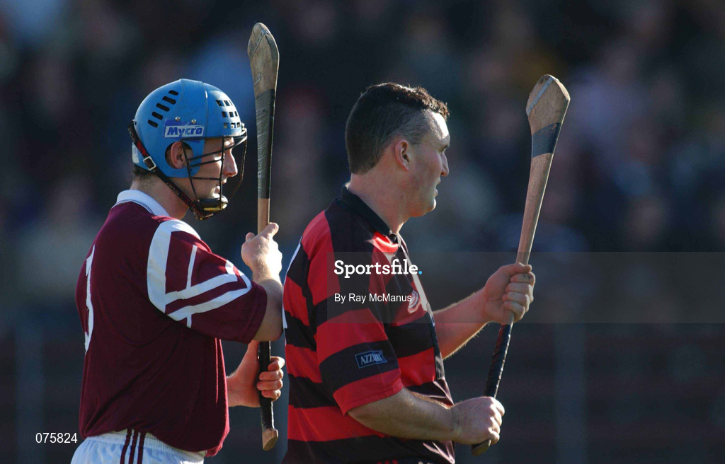 28 October 2001; Paul Foley of Ballygunner and Donal Cahill of St Joseph's Doora Barefield use their hurleys to shade their eyes during the AIB Munster Senior Club Hurling Championship Quarter-Final match between Ballygunner and St Joseph's Doora Barefield at Walsh Park in Waterford. Photo by Ray McManus/Sportsfile