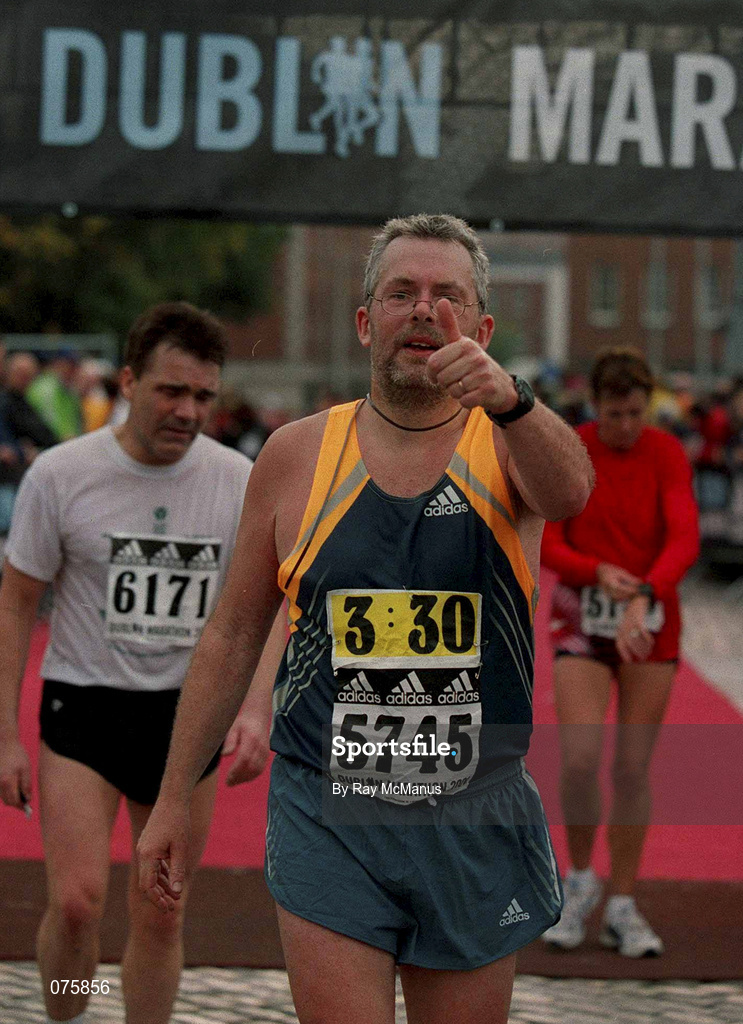 29 October 2001; 3 hour 30 minute pacemaker William McTiernan finishes exactly on time in the adidas Dublin Marathon 2001, Dublin. Photo by Ray McManus/Sportsfile