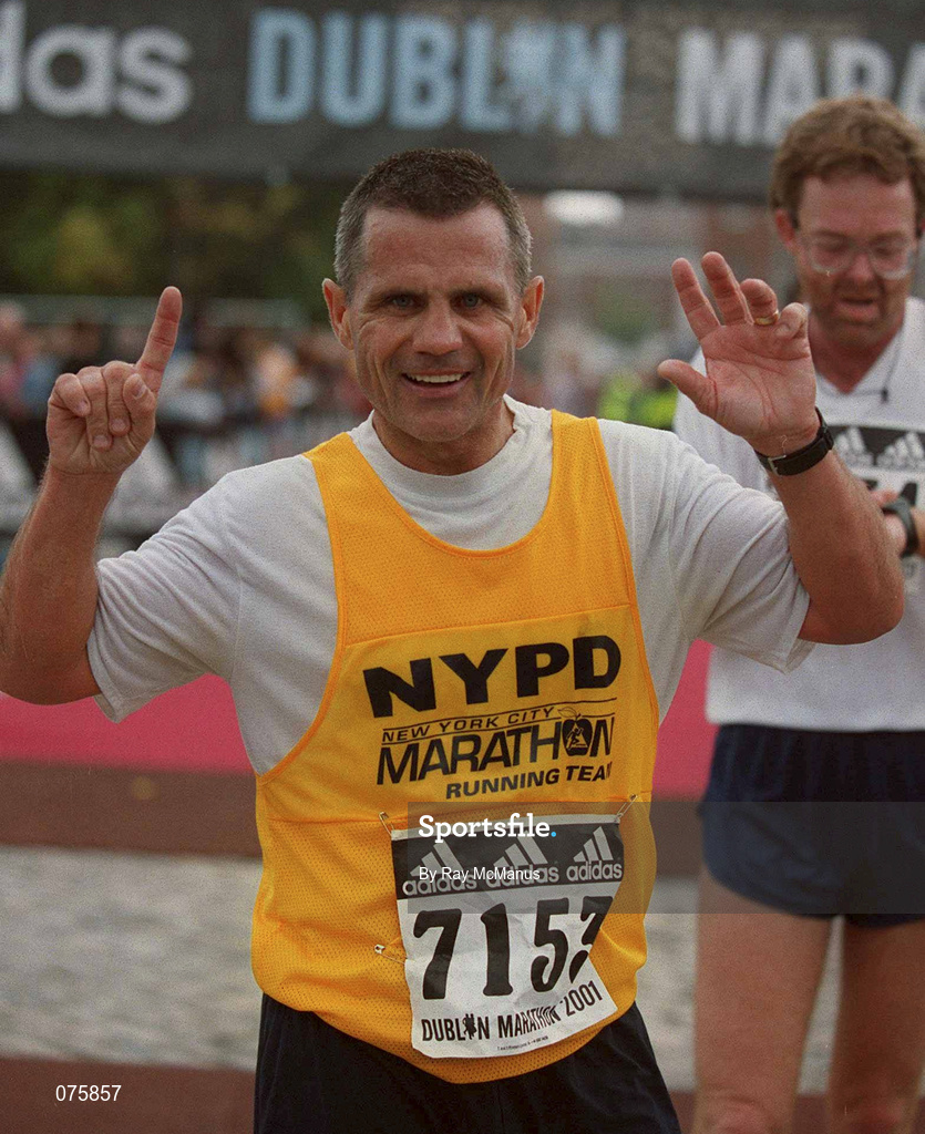 29 October 2001; American William V. Reis celebrates finishing the adidas Dublin Marathon 2001, Dublin. Photo by Ray McManus/Sportsfile