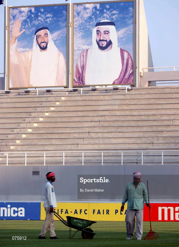 30 October 2001; Local Groundsmen attend to the pitch at the Al-Nahyan Stadium ahead of the the 2002 FIFA World Cup AFC Qualification Play-Off 2nd Leg match between United Arab Emirates and Iran the at Al-Nahyan Stadium in Abu Dhabi, United Arab Emirates. Photo by David Maher/Sportsfile