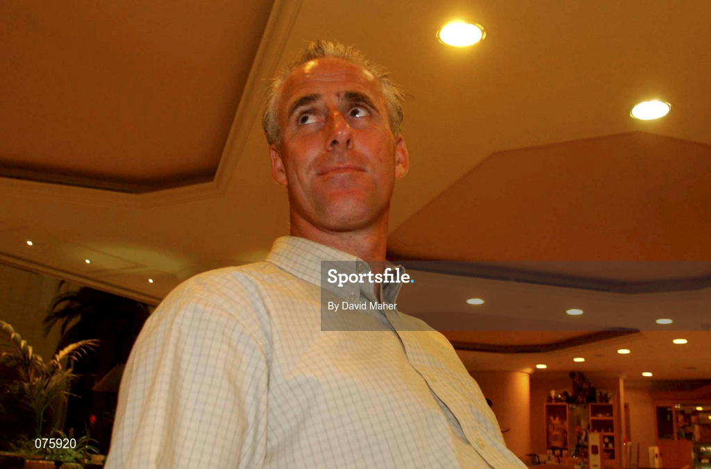 30 October 2001; Republic of Ireland manager Mick McCarthy listens to questions from the press during a press conference at his hotel in Abu Dhabi, United Arab Emirates, ahead of the the 2002 FIFA World Cup AFC Qualification Play-Off 2nd Leg match between United Arab Emirates and Iran which will take place at the at Al-Nahyan Stadium in Abu Dhabi, United Arab Emirates. Photo by David Maher/Sportsfile