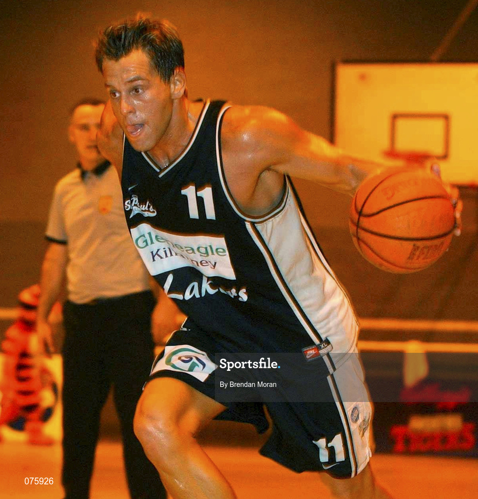 27 October 2001; Billy Gilligan of Gleneagle Killarney during the ESB Men's Superleague Basketball match between Gleneagle Killarney and Frosties Tigers at Tralee Sports Centre in Tralee, Kerry. Photo by Brendan Moran/Sportsfile