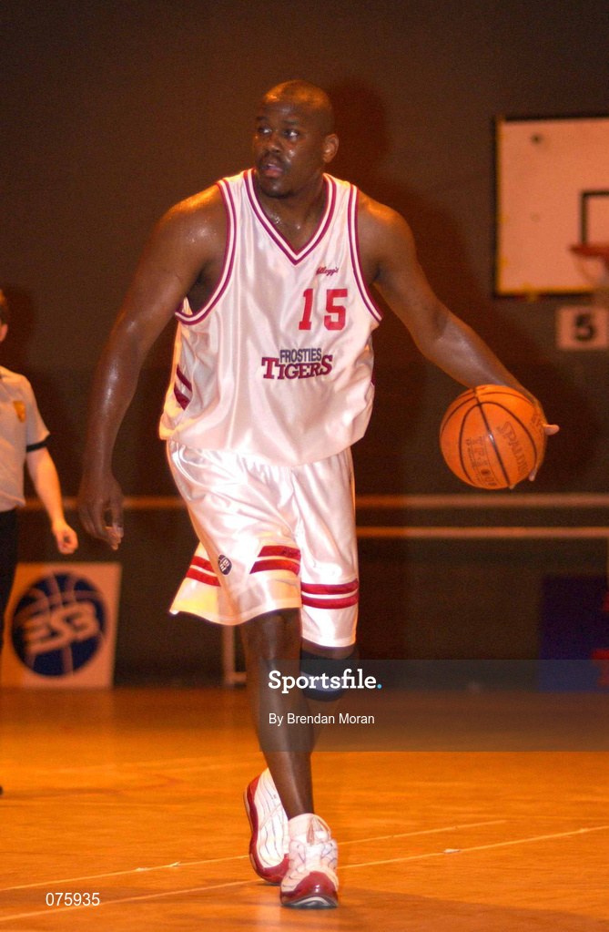 27 October 2001; Ricardo Leonard of Frosties Tigers during the ESB Men's Superleague Basketball match between Gleneagle Killarney and Frosties Tigers at Tralee Sports Centre in Tralee, Kerry. Photo by Brendan Moran/Sportsfile