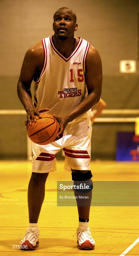 27 October 2001; Ricardo Leonard of Frosties Tigers during the ESB Men's Superleague Basketball match between Gleneagle Killarney and Frosties Tigers at Tralee Sports Centre in Tralee, Kerry. Photo by Brendan Moran/Sportsfile