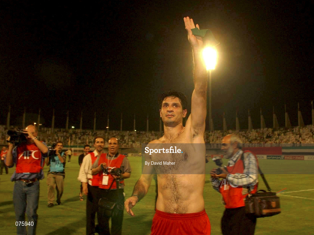 31 October 2001; Ali Daei of Iran celebrates at the end of the game following the 2002 FIFA World Cup AFC Qualification Play-Off 2nd Leg match between United Arab Emirates and Iran the at Al-Nahyan Stadium in Abu Dhabi, United Arab Emirates. Photo by David Maher/Sportsfile