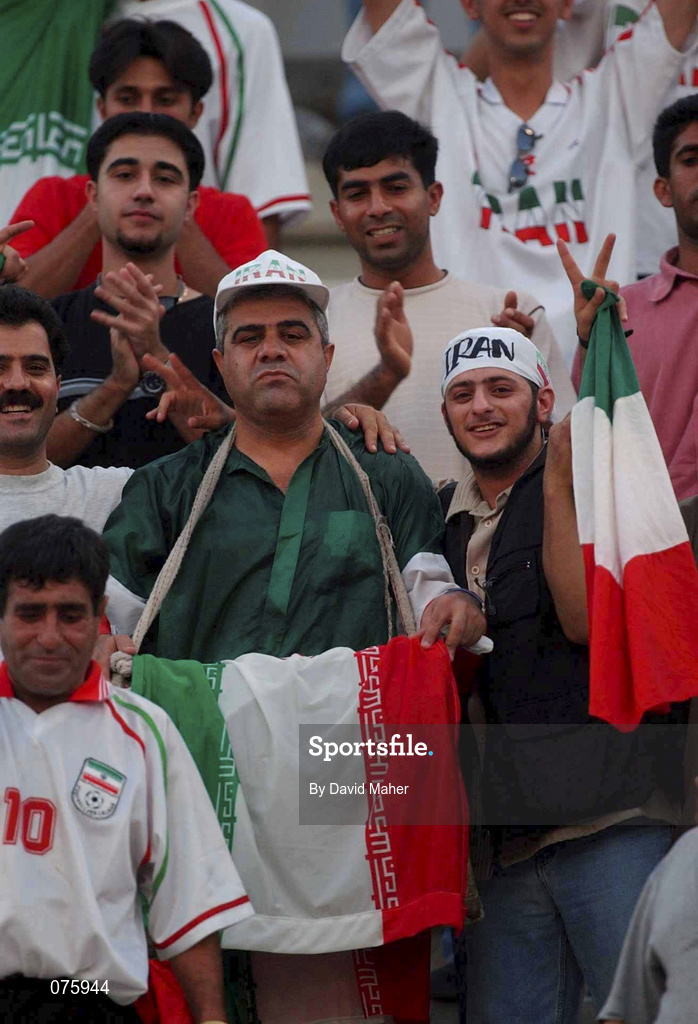 31 October 2001; Iranian supporters show their support for their team ahead of the 2002 FIFA World Cup AFC Qualification Play-Off 2nd Leg match between United Arab Emirates and Iran the at Al-Nahyan Stadium in Abu Dhabi, United Arab Emirates. Photo by David Maher/Sportsfile