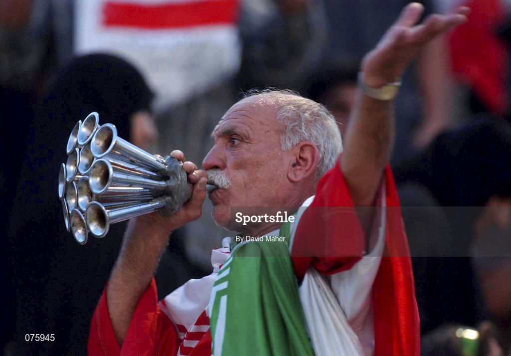 31 October 2001; An Iranian supporter shows his support for his team ahead of the 2002 FIFA World Cup AFC Qualification Play-Off 2nd Leg match between United Arab Emirates and Iran the at Al-Nahyan Stadium in Abu Dhabi, United Arab Emirates. Photo by David Maher/Sportsfile