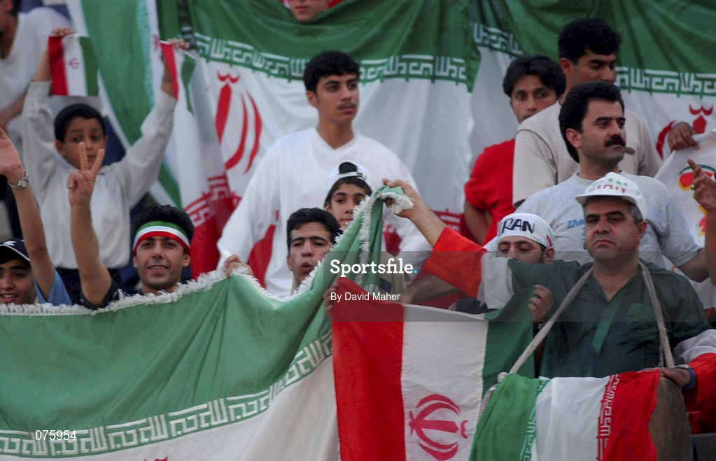 31 October 2001; Iranian supporters show their support for their team ahead of the 2002 FIFA World Cup AFC Qualification Play-Off 2nd Leg match between United Arab Emirates and Iran the at Al-Nahyan Stadium in Abu Dhabi, United Arab Emirates. Photo by David Maher/Sportsfile