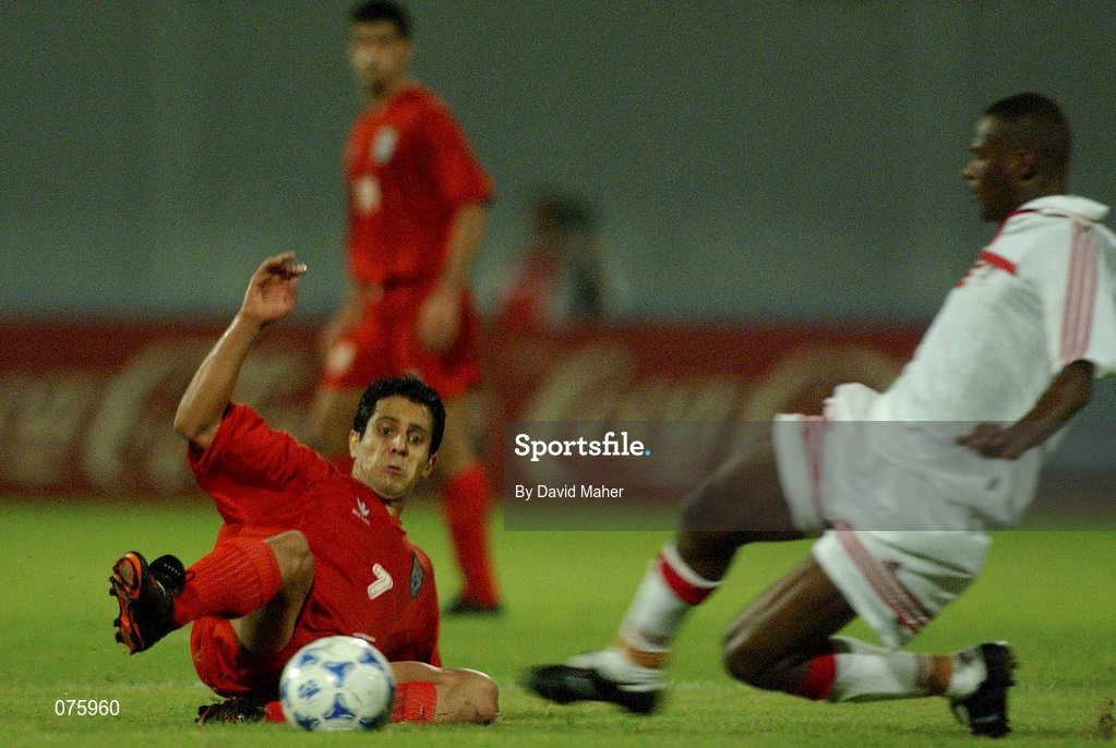 31 October 2001; Hamed Kavianpour of Iran, left, during the 2002 FIFA World Cup AFC Qualification Play-Off 2nd Leg match between United Arab Emirates and Iran the at Al-Nahyan Stadium in Abu Dhabi, United Arab Emirates. Photo by David Maher/Sportsfile