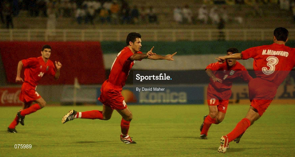 31 October 2001; Ali Daei of Iran, centre, celebrates after scoring his side's first goal  during the 2002 FIFA World Cup AFC Qualification Play-Off 2nd Leg match between United Arab Emirates and Iran the at Al-Nahyan Stadium in Abu Dhabi, United Arab Emirates. Photo by David Maher/Sportsfile