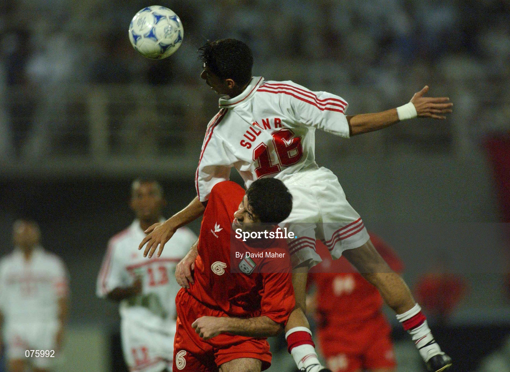 31 October 2001; Kharim Bagheri of Iran in action against Sultan Rashed Saeed of United Arab Emirates during the 2002 FIFA World Cup AFC Qualification Play-Off 2nd Leg match between United Arab Emirates and Iran the at Al-Nahyan Stadium in Abu Dhabi, United Arab Emirates. Photo by David Maher/Sportsfile