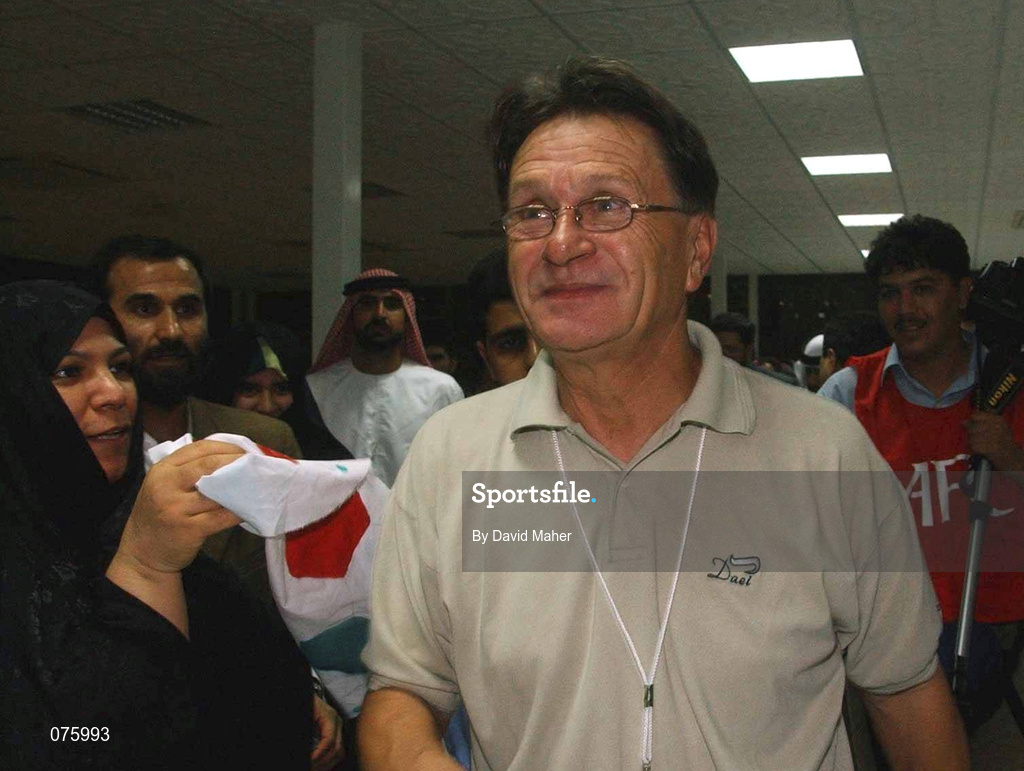 31 October 2001; Iran manager Miroslav Blezovic, is cheered on by an Iranian woman after victory over United Arab Emirates following the 2002 FIFA World Cup AFC Qualification Play-Off 2nd Leg match between United Arab Emirates and Iran the at Al-Nahyan Stadium in Abu Dhabi, United Arab Emirates. Photo by David Maher/Sportsfile
