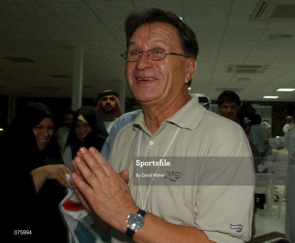 31 October 2001; Iran manager, Miroslav Blezovic, celebrates at the end of the game after victory over the United Arab Emirates in the 2002 FIFA World Cup AFC Qualification Play-Off 2nd Leg match between United Arab Emirates and Iran the at Al-Nahyan Stadium in Abu Dhabi, United Arab Emirates. Photo by David Maher/Sportsfile