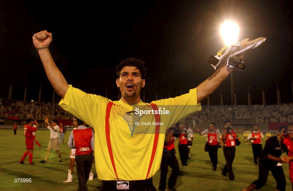 31 October 2001; Iranian goalkeeper Ebraham Mirzapour celebrates at the end of the game after victory over United Arab Emirates in the 2002 FIFA World Cup AFC Qualification Play-Off 2nd Leg match between United Arab Emirates and Iran the at Al-Nahyan Stadium in Abu Dhabi, United Arab Emirates. Photo by David Maher/Sportsfile