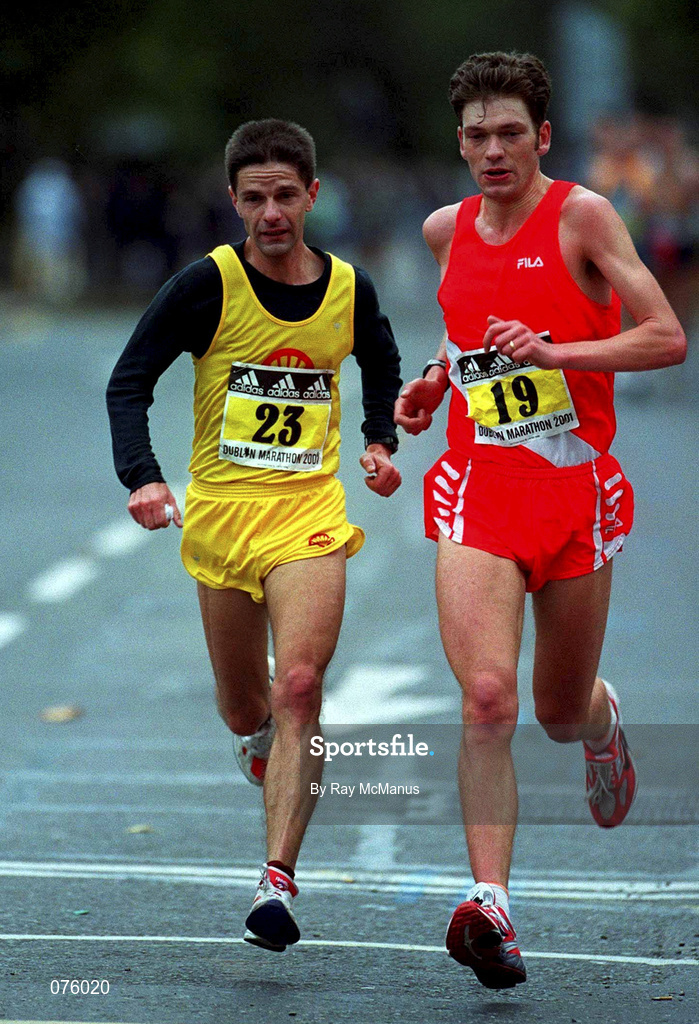 29 October 2001; Pavel Kryska, Czech Republic, left, and Britain's Duncan Mason during the adidas Dublin Marathon in Dublin Photo by Ray McManus/Sportsfile