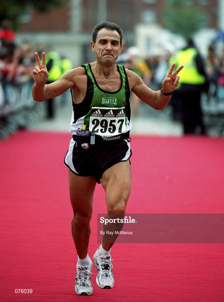 29 October 2001; Italy's Parisi Pietro after crossing the finishing line at the adidas Dublin Marathon in Dublin. Photo by Ray McManus/Sportsfile