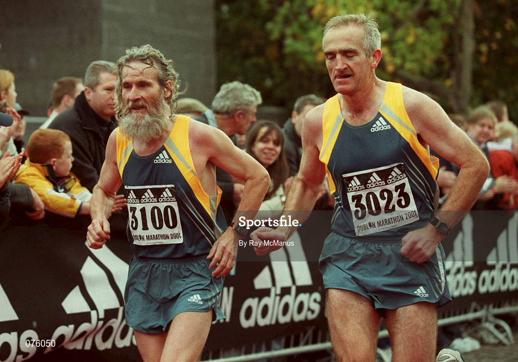 29 October 2001; Garry Clarke, left, and Derek Quinn, Ireland, during the adidas Dublin Marathon in Dublin. Photo by Ray McManus/Sportsfile