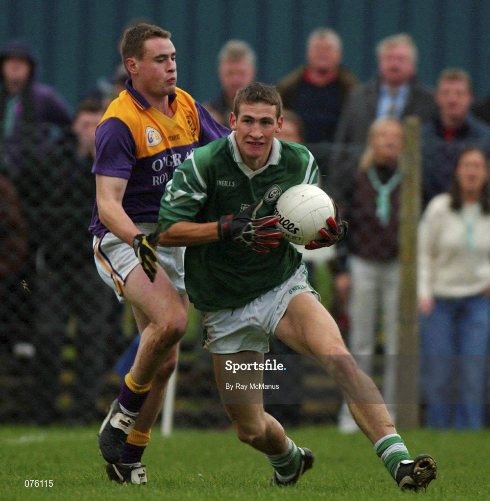4 November 2001; Richard Haran of Charlestown Sarsfields in action against Paul Noone of Roscommon Gaels during the AIB Connacht Club Senior Football Championship Semi-final match between Charlestown Sarsfields and Roscommon Gaels at Fr O'Hara Memorial Park in Charlestown, Mayo. Photo by Ray McManus/Sportsfile