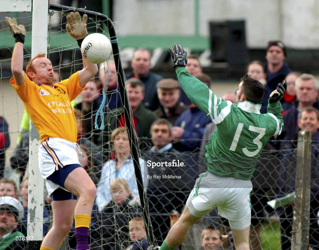 4 November 2001; Enda Daly of Roscommon Gaels saves a shot from Padraic Horkan of Charlestown Sarsfields during the AIB Connacht Club Senior Football Championship Semi-final match between Charlestown Sarsfields and Roscommon Gaels at Fr O'Hara Memorial Park in Charlestown, Mayo. Photo by Ray McManus/Sportsfile