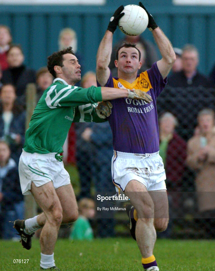 4 November 2001; Kenneth Hegarty of Roscommon Gaels holds possession from Robert O'Connor of Charlestown Sarsfields during the AIB Connacht Club Senior Football Championship Semi-final match between Charlestown Sarsfields and Roscommon Gaels at Fr O'Hara Memorial Park in Charlestown, Mayo. Photo by Ray McManus/Sportsfile