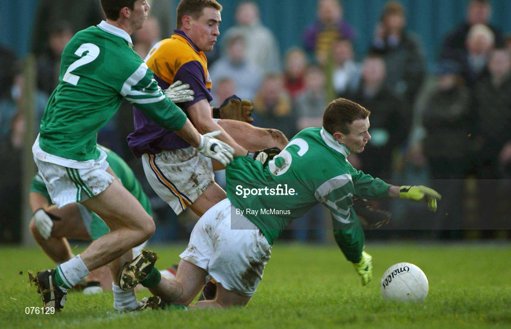 4 November 2001; Alan Nolan of Roscommon Gaels has his shot at goal blocked by Kevin Duignan of Charlestown Sarsfields during the AIB Connacht Club Senior Football Championship Semi-final match between Charlestown Sarsfields and Roscommon Gaels at Fr O'Hara Memorial Park in Charlestown, Mayo. Photo by Ray McManus/Sportsfile
