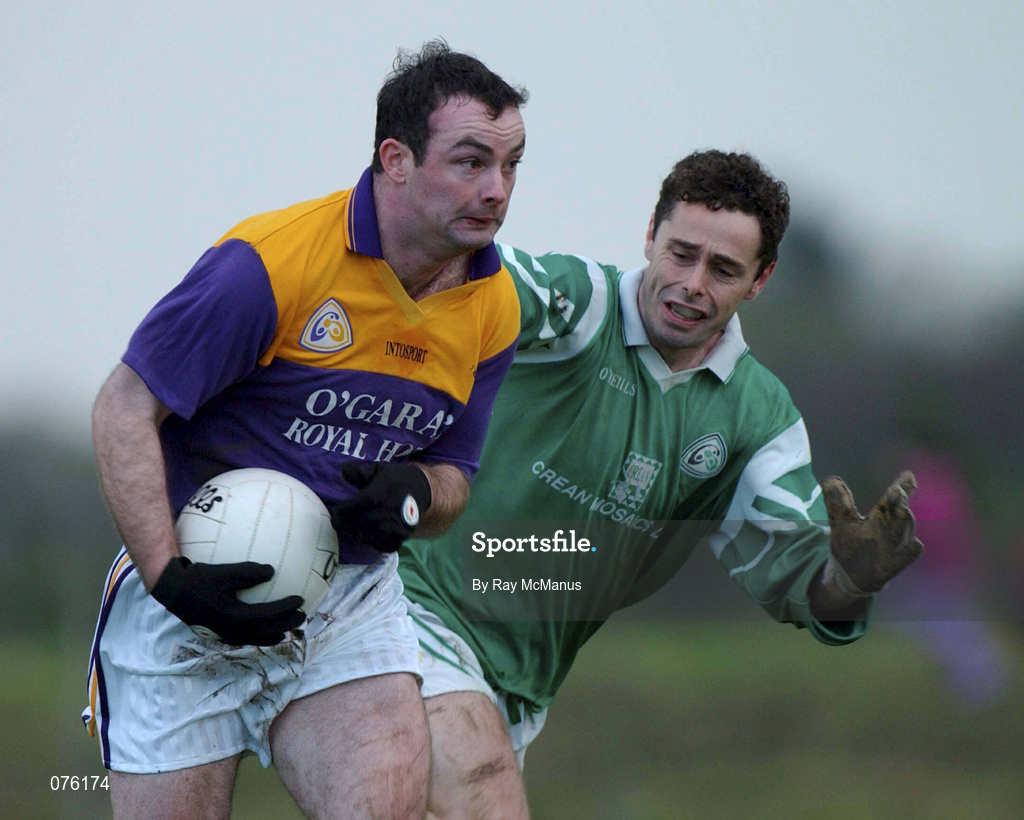 4 November 2001; Kenneth Hegarty of Roscommon Gaels in action against Robert O'Connor of Charlestown Sarsfields during the AIB Connacht Club Senior Football Championship Semi-final match between Charlestown Sarsfields and Roscommon Gaels at Fr O'Hara Memorial Park in Charlestown, Mayo. Photo by Ray McManus/Sportsfile