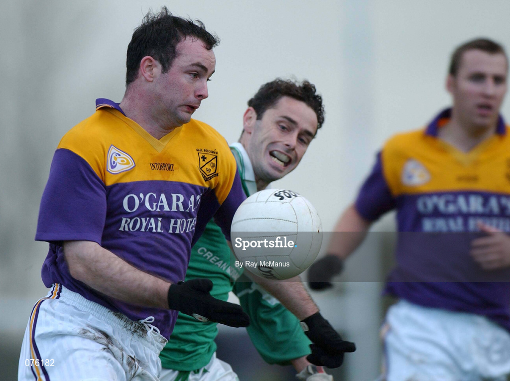 4 November 2001; Kenneth Hegarty of Roscommon Gaels in action against Robert O'Connor of Charlestown Sarsfields during the AIB Connacht Club Senior Football Championship Semi-final match between Charlestown Sarsfields and Roscommon Gaels at Fr O'Hara Memorial Park in Charlestown, Mayo. Photo by Ray McManus/Sportsfile