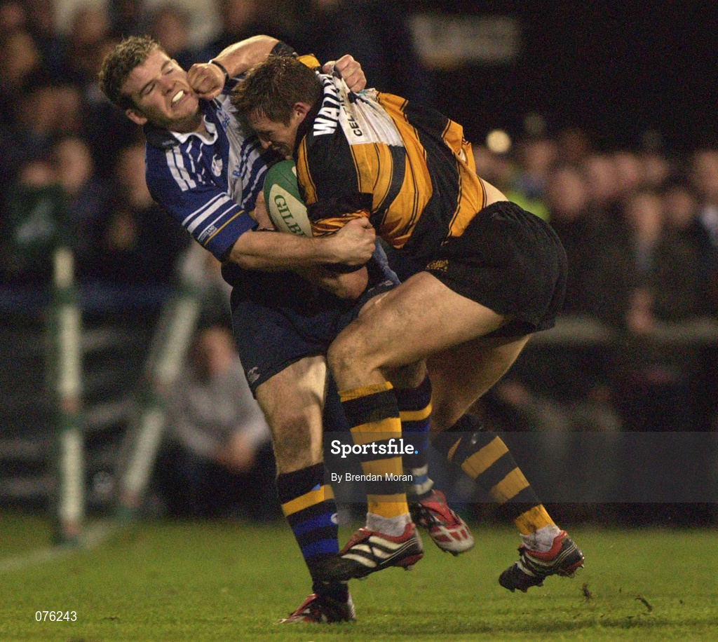 26 October 2001; Matthew Watkins of Newport is tackled by Gordon D'Arcy of Leinster during the Heineken Cup Pool 6 Round 3 match between Leinster and Newport at Donnybrook Stadium in Dublin. Photo by Brendan Moran/Sportsfile