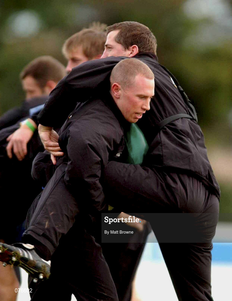 13 November 2001; Peter Stringer, left, tackles Guy Easterby during an Ireland Rugby Squad Training at Dr Hickey Park in Greystones, Wicklow. Photo by Matt Browne/Sportsfile