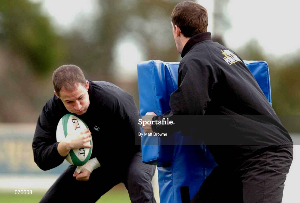 13 November 2001; David Humphreys, left, in action against Guy Easterby during an Ireland Rugby Squad Training at Dr Hickey Park in Greystones, Wicklow. Photo by Matt Browne/Sportsfile