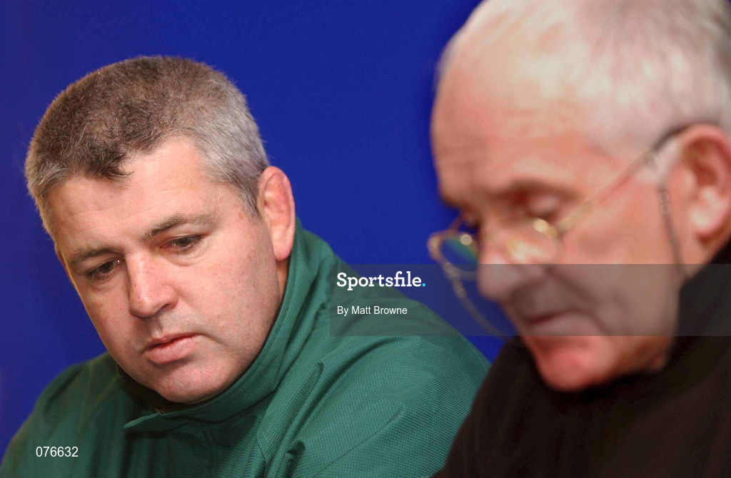 13 November 2001; Coach Warren Gatland, left, pictured with team manager Brian O'Bryen during an Ireland Rugby Press Conference at The Glenview Hotel in Wicklow. Photo by Matt Browne/Sportsfile