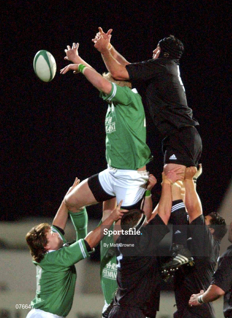 13 November 2001; Leo Cullen of Ireland wins possession of the ball during the line-out ahead of Dion Waller of New Zealand during the "A" International Rugby Friendly match between Ireland and New Zealand at Ravenhill Stadium in Belfast. Photo by Matt Browne/Sportsfile