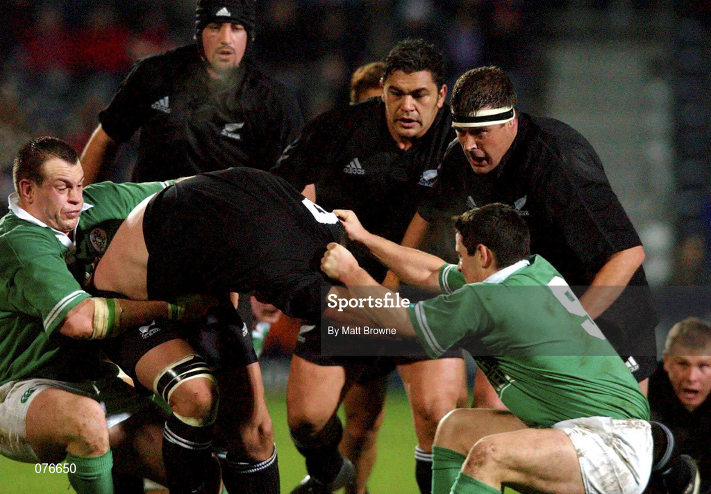 13 November 2001; Simon Maling of New Zealand is tackled by Simon Best, left, and Brian O'Meara of Ireland during the "A" International Rugby Friendly match between Ireland and New Zealand at Ravenhill Stadium in Belfast. Photo by Matt Browne/Sportsfile