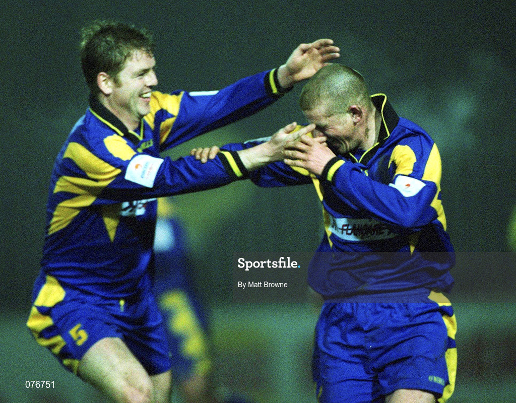 23 March 2001; Stephen Gavin of Longford Town, right, celebrates his goal with team-mate Eric Smith during the FAI Harp Lager Cup Third Round Replay match between St Patrick's Athletic and Longford Town at Richmond Park in Dublin. Photo by Matt Browne/Sportsfile