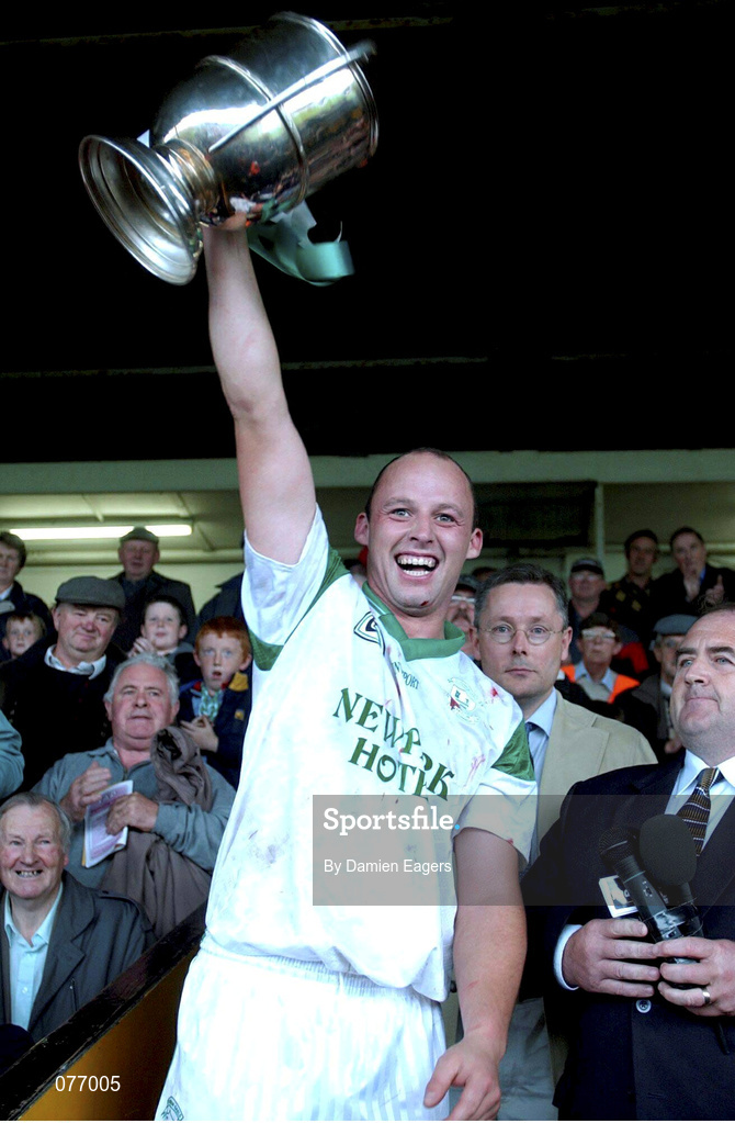 14 October 2001;O'Loughlin Gaels captain Andy Comerford lifts the cup after victory over Graigue Ballycallan, following the AIB Kilkenny Senior Club Championship Hurling Final match between O'Loughlin Gaels and Graigue Ballycallan at Nowlan Park in Kilkenny. Photo by Damien Eagers/Sportsfile