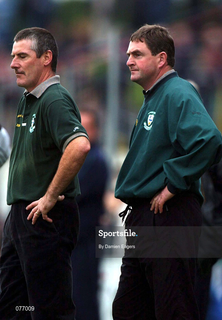14 October 2001; O'Loughlin Gaels backroom staff Mick Nolan, right and Aidan Fogarty, watch on during the AIB Kilkenny Senior Club Championship Hurling Final match between O'Loughlin Gaels and Graigue Ballycallan at Nowlan Park in Kilkenny. Photo by Damien Eagers/Sportsfile