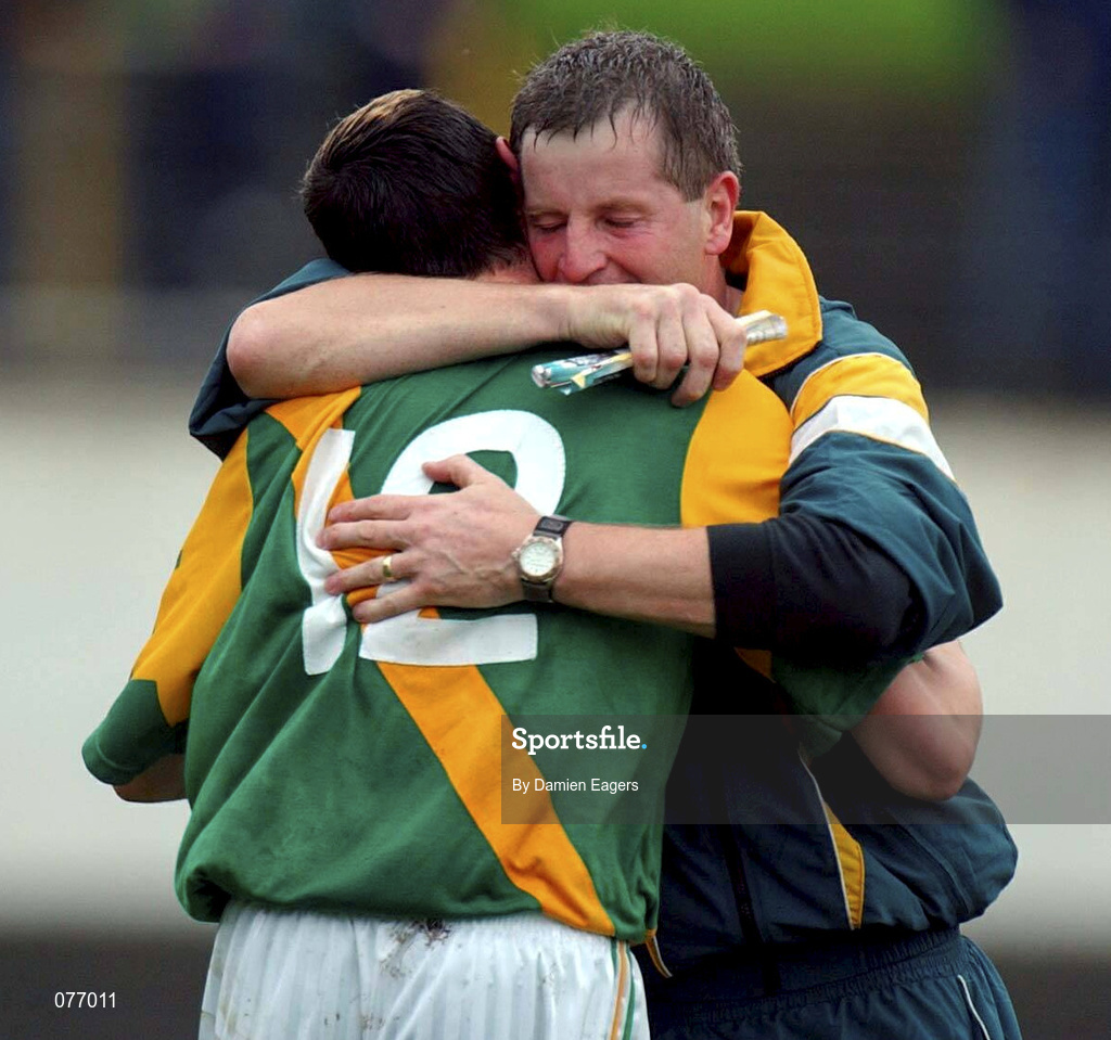 14 October 2001; Richie Power, trainer of Carrickshock celebrates with Damien Raggett after Carrickshock had defeated Ballyhale Shamrocks in the Kilkenny Minor Hurling Club Championship Final match between Ballyhale Shamrocks and Carrickshock at Nowlan Park in Kilkenny Photo by Damien Eagers/Sportsfile