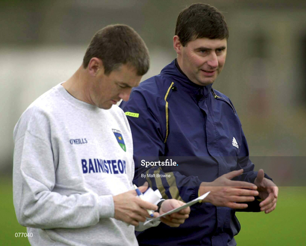 18 November 2001; Wicklow manager John O'Leary, left, pictured with selector Richie Crean, during the O'Byrne Cup Group 2 match between Wicklow and Kildare at the County Grounds in Aughrim, Wicklow. Photo by Matt Browne/Sportsfile