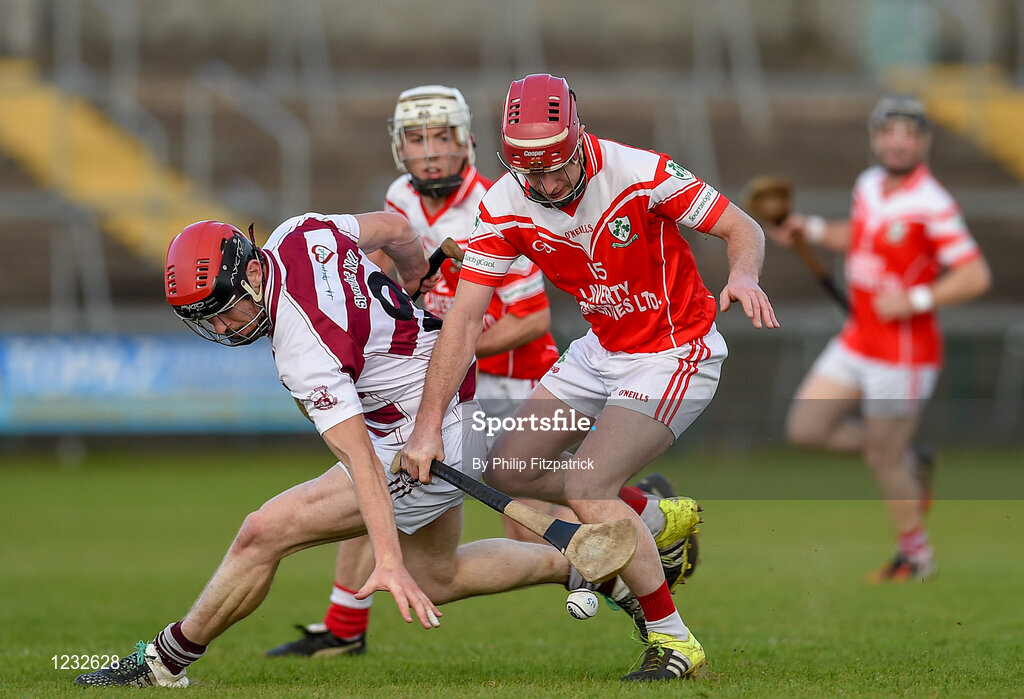 23 October 2016; Shay Casey of Loughgiel Shamrocks in action against Eanna Cassidy of Slaughtneil Emmetts during the AIB Ulster GAA Hurling Senior Club Championship Final game between Loughgiel Shamrocks and Slaughtneil Emmetts at the Athletic Grounds in Armagh. Photo by Philip Fitzpatrick/Sportsfile