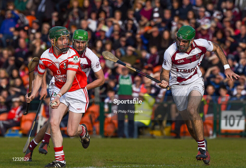 23 October 2016; Brendan McCarry of Loughgiel Shamrocks in action against Sean Cassidy of Slaughtneil Emmetts during the AIB Ulster GAA Hurling Senior Club Championship Final game between Loughgiel Shamrocks and Slaughtneil Emmetts at the Athletic Grounds in Armagh. Photo by Philip Fitzpatrick/Sportsfile
