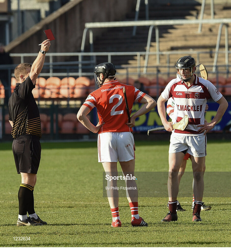 23 October 2016; Paul Gillan of Loughgiel Shamrocks receives a red card from referee James Clarke during the AIB Ulster GAA Hurling Senior Club Championship Final game between Loughgiel Shamrocks and Slaughtneil Emmetts at the Athletic Grounds in Armagh. Photo by Philip Fitzpatrick/Sportsfile