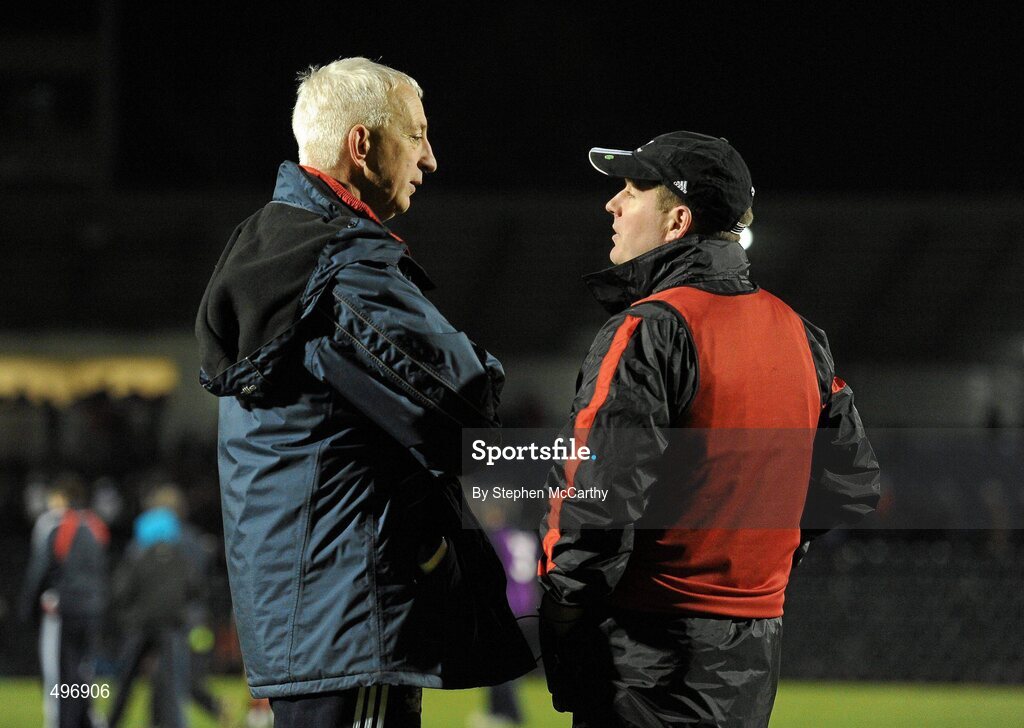 12 March 2011; Cork manager Conor Counihan, left, and Down manager James McCartan in conversation after the game. Allianz Football League, Division 1, Round 4, Cork v Down, Pairc Ui Rinn, Cork. Picture credit: Stephen McCarthy / SPORTSFILE